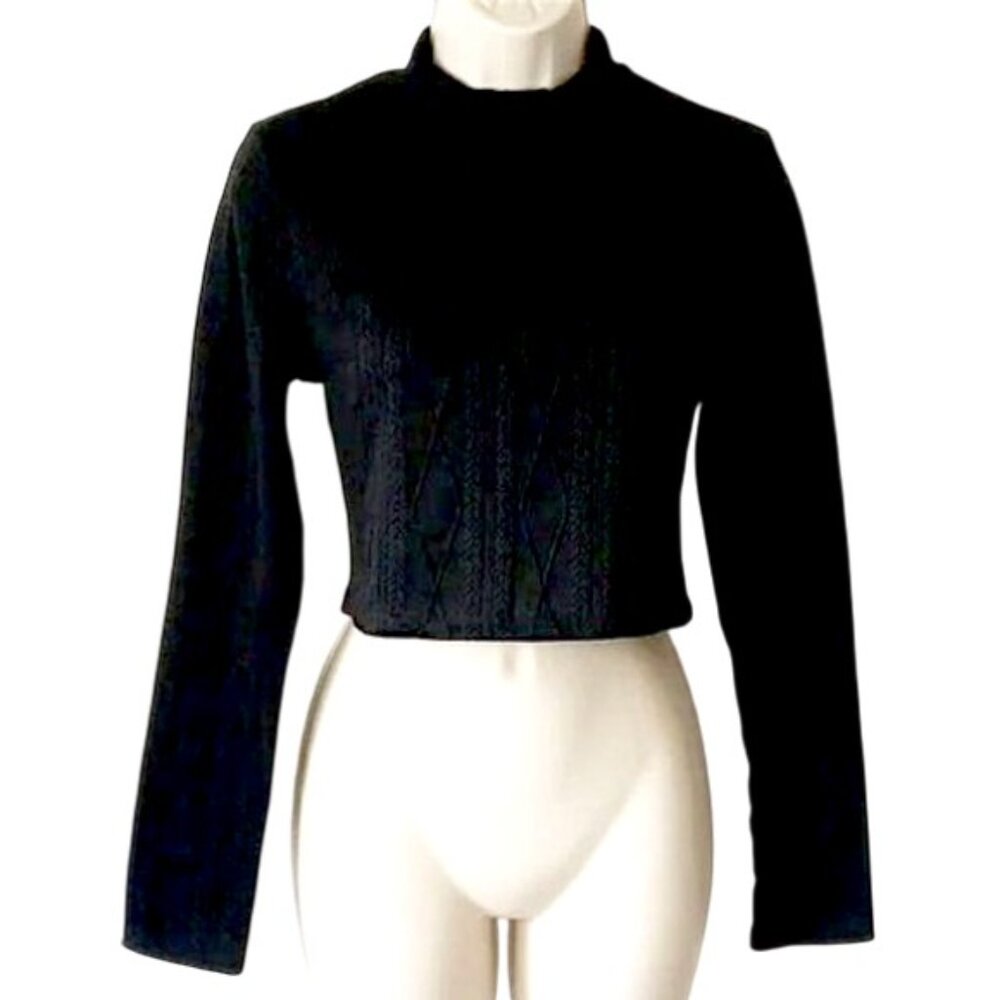 Mock Neck Long Sleeve Crop Top L Black Cable-Knit Textured  50OFF3